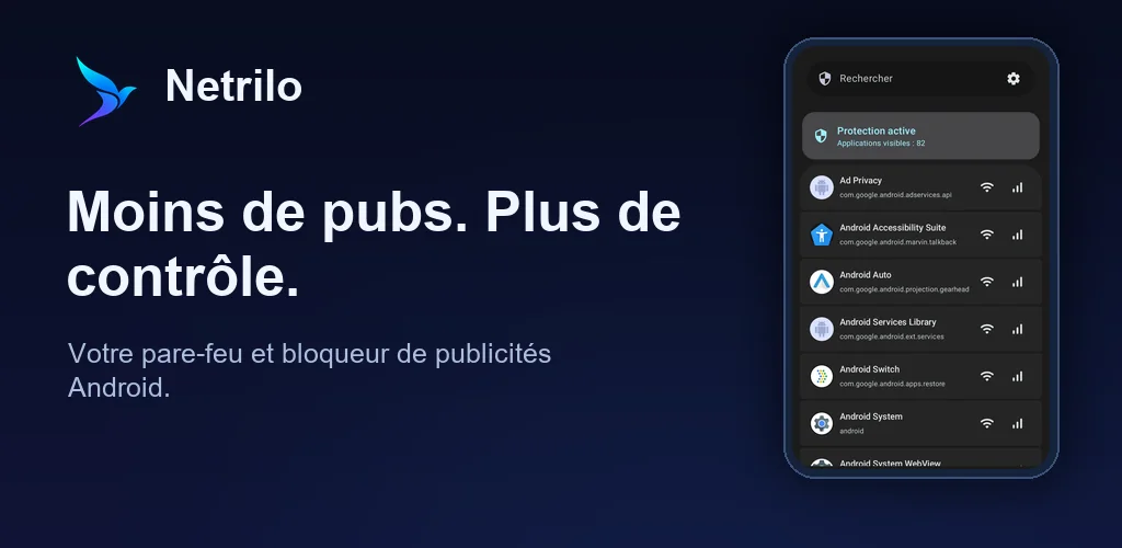 Netrilo, pare-feu Android et bloqueur de publicités : moins de pubs, plus de contrôle.