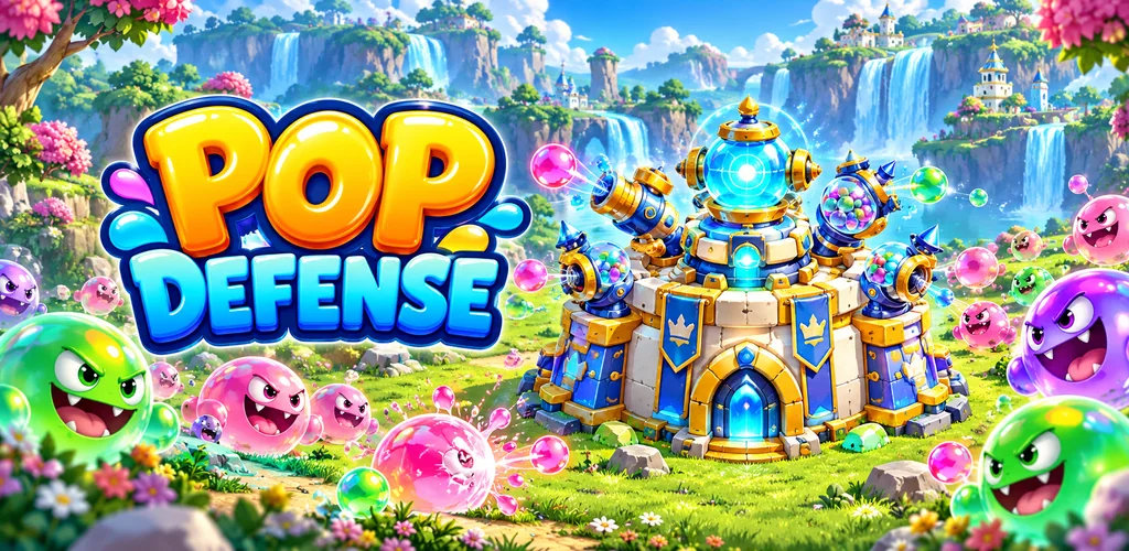 Pop Defense : forteresse et créatures-bulles dans un monde coloré.